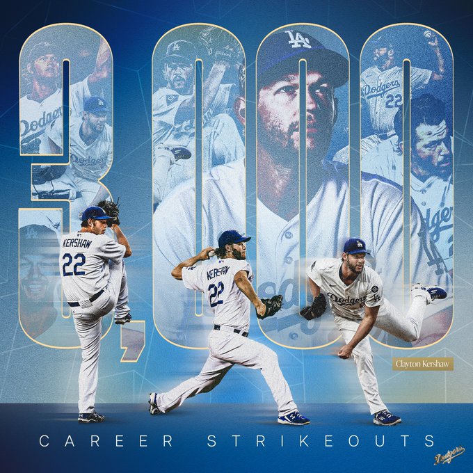 A graphic congratulating Clayton Kershaw on reaching 3,000 career strikeouts.