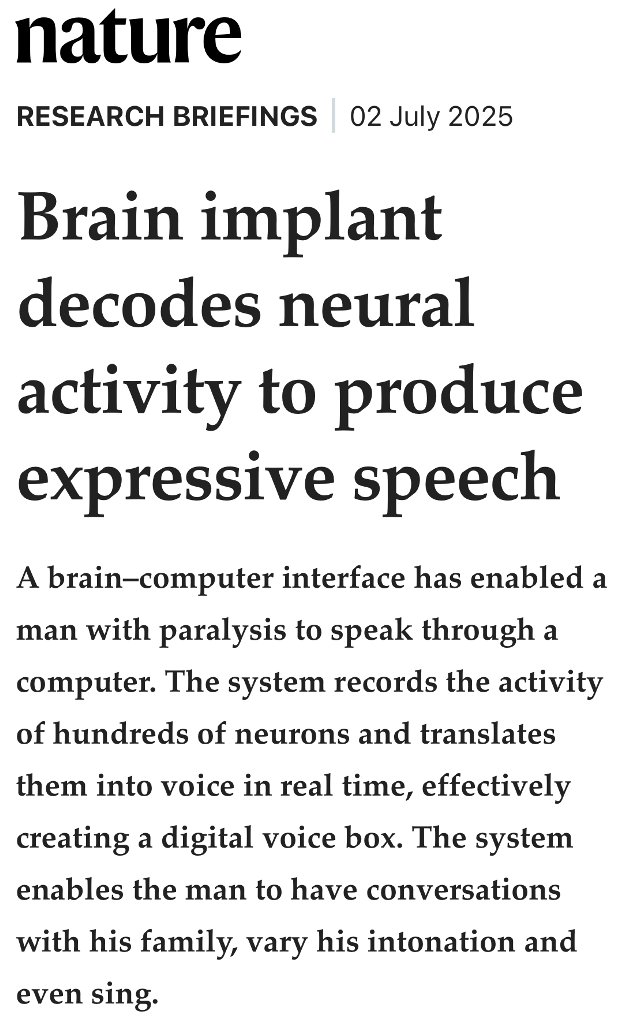 Check out the new <a href="/Nature/">nature</a> Research Briefings article “Brain implant decodes neural activity to produce expressive speech” which summarizes our recent voice-synthesis neuroprosthesis paper. It also gives a sneak peek into the story behind this paper. doi.org/10.1038/d41586…