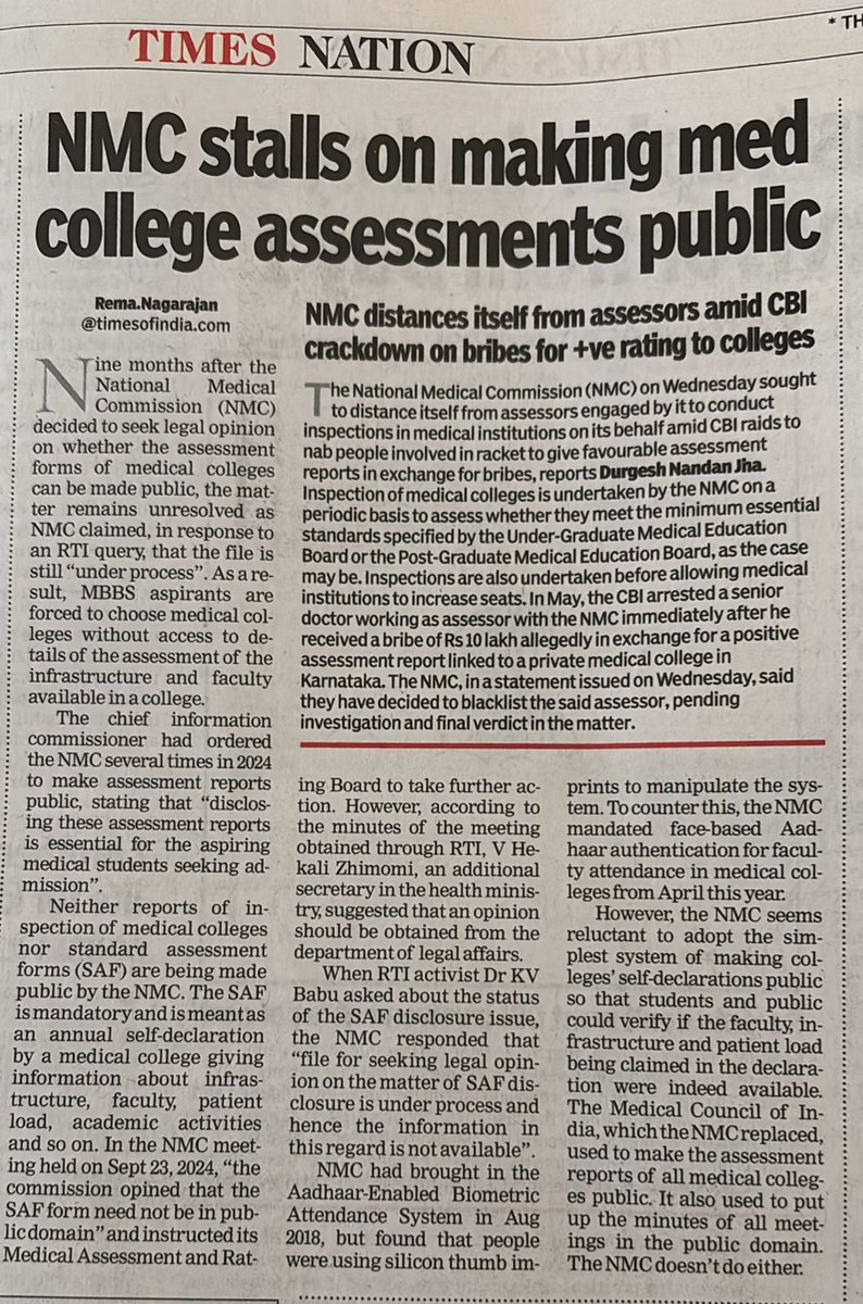 Dr Babu K V (@drbabukv) on Twitter photo Nine months not enough for the <a href="/NMC_BHARAT/">National Medical Commission</a> and the <a href="/MoHFW_INDIA/">Ministry of Health</a> to avail legal opinion and process it?
<a href="/RemaNagarajan/">Rema Nagarajan</a> story based on the RTI documents from NMC, regarding disclosure of assessment reports Nine months not enough for the <a href="/NMC_BHARAT/">National Medical Commission</a> and the <a href="/MoHFW_INDIA/">Ministry of Health</a> to avail legal opinion and process it?
<a href="/RemaNagarajan/">Rema Nagarajan</a> story based on the RTI documents from NMC, regarding disclosure of assessment reports
