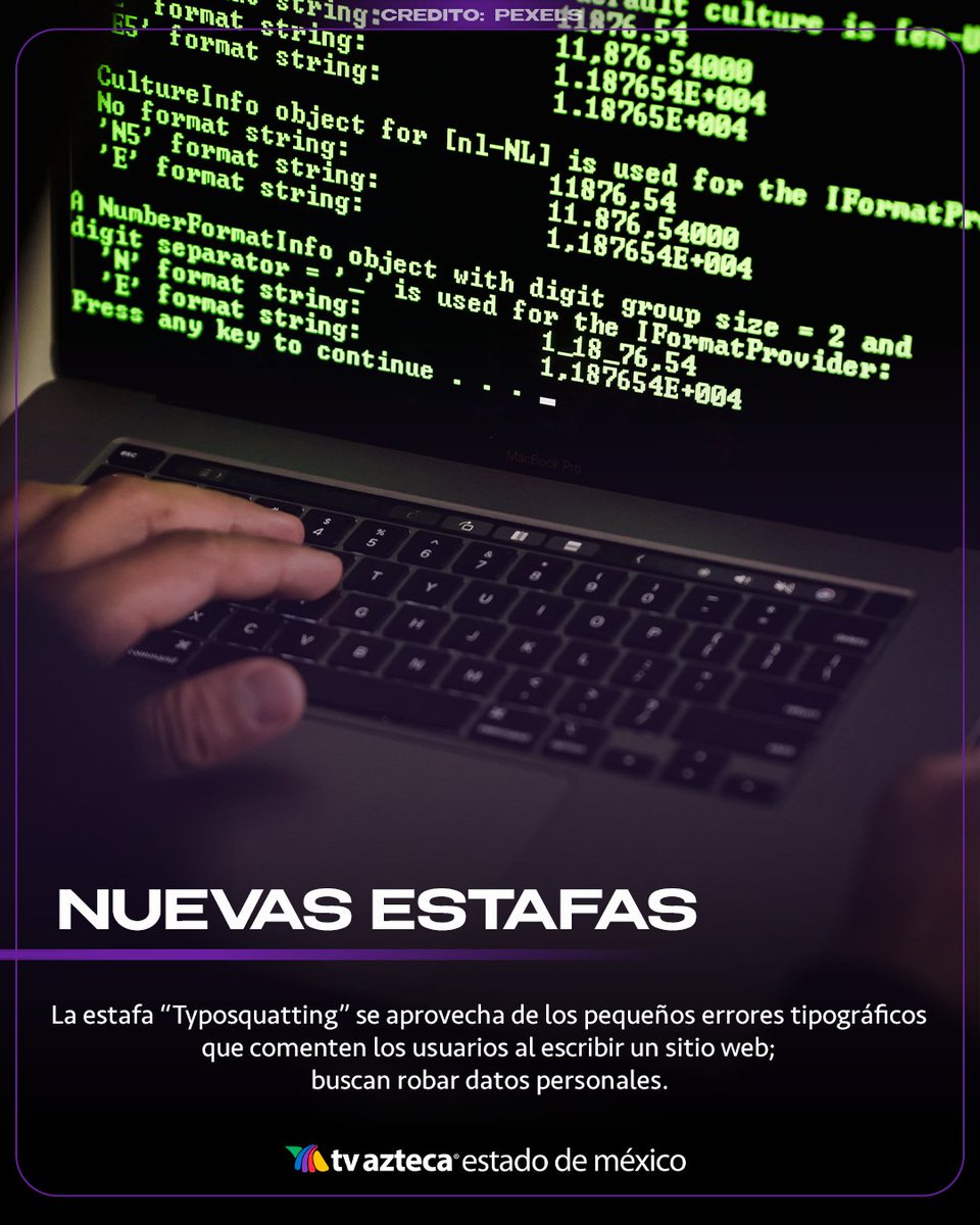 AztecaEdoMex's tweet image. 🚨💻 ¡Tenga mucho #cuidado! 

La Policía Cibernética de México, alertó sobre una nueva modalidad de estafada llamada “#Typosquatting”, en la que los delincuentes aprovechan los #errores tipográficos que cometen los usuarios al escribir las #dirección de un sitio #web en la barra