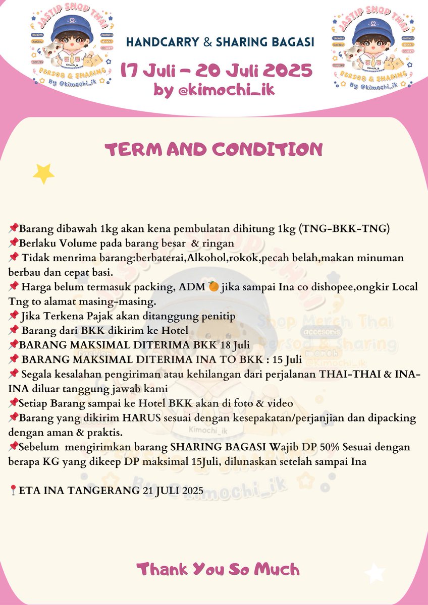 🇹🇭OPEN HANDCARRY &amp; SHARING BAGASI BANGKOK THAILAND  
#jastipbangkok #jastipbagasi 
 
🛬Eta INA 21 Juli, Tangerang
📍SHARING BAGASI
👉INA-BKK (10KG)
👉BKK - INA (30KG)

📌OPEN JASTIP GIFT dari INA-BKK to Gmmtv, event birthday, ofc fanbase, friends dll

🧳Sharing bagasi terima