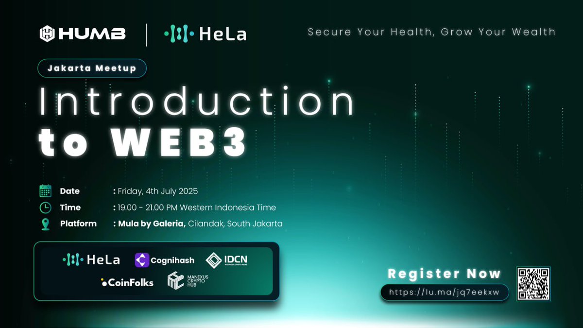 Hela_Network's tweet photo. 🚨 HeLa is joining the Jakarta Meetup: Introduction to WEB3!

📅 Friday, July 4, 2025
🕖 7:00–9:00 PM (Western Indonesia time)
📍 Mula by Galeria, Cilandak, Jakarta Selatan

Meet the HeLa team, connect with the Web3 community, and explore the future of DeFi in Indonesia.

🎟 Free RSVP: https://t.co/cwgDYsqDBc

#HeLaLabs #Web3Indonesia #JakartaMeetup