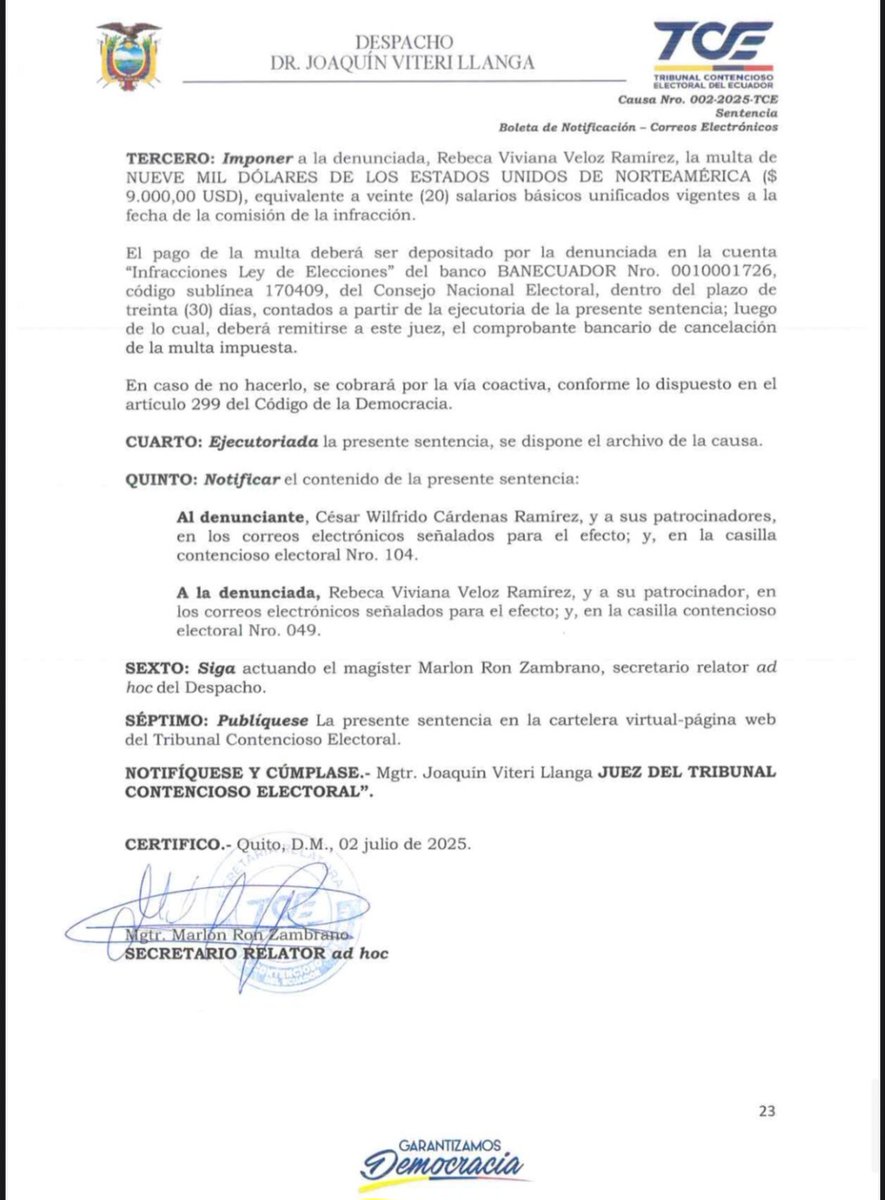 EcEnDirecto's tweet photo. #ATENCIÓN
El juez del Tribunal Contencioso Electoral (#TCE), Joaquín Vitdri, #multó a la asambleísta Viviana Veloz, con USD 9.000, por presuntamente hacer campaña #anticipada en redes sociales, durante las elecciones de 2023. https://t.co/BSCqYMVnHS