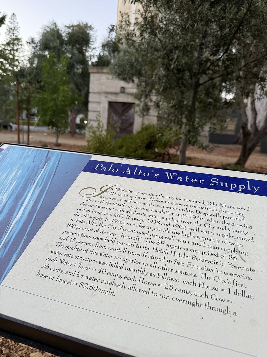 Spottacus's tweet image. The original water tower in Palo Alto, Calif from 1896, just off the Spanish royal road that opened in 1775-7. The water rates are fun: $1 per house and family, 40 cents per bathroom, and 25 cents per horse or cow.