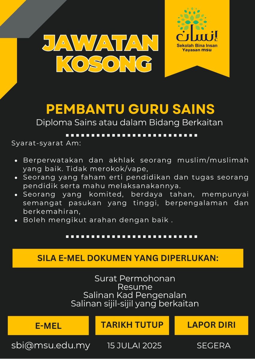 SBI_YayasanMSU (@sbiyayasanmsu) on Twitter photo JAWATAN KOSONG SEKOLAH MENENGAH BINA INSAN YAYASAN MSU SESI 2025
1. Guru Bahasa Arab
2. Pembantu Guru Sains
E-mel segera permohonan tuan/puan:
sbi@msu.edu.my JAWATAN KOSONG SEKOLAH MENENGAH BINA INSAN YAYASAN MSU SESI 2025
1. Guru Bahasa Arab
2. Pembantu Guru Sains
E-mel segera permohonan tuan/puan:
sbi@msu.edu.my