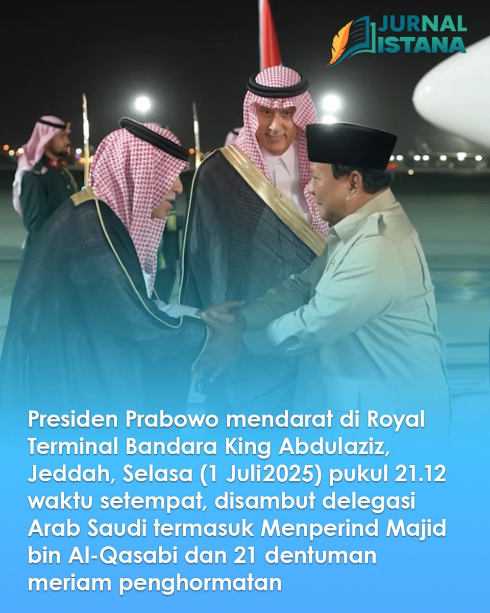 sinfhl's tweet photo. Bapak Presiden Prabowo tiba dan disambut hangat di Jeddah dengan upacara kehormatan. Ini menunjukan hubungan RI–Saudi makin solid. #PrabowoPerkuatDiplomasi
Hubungan Strategis Indonesia Arab https://t.co/m02psq2HWf