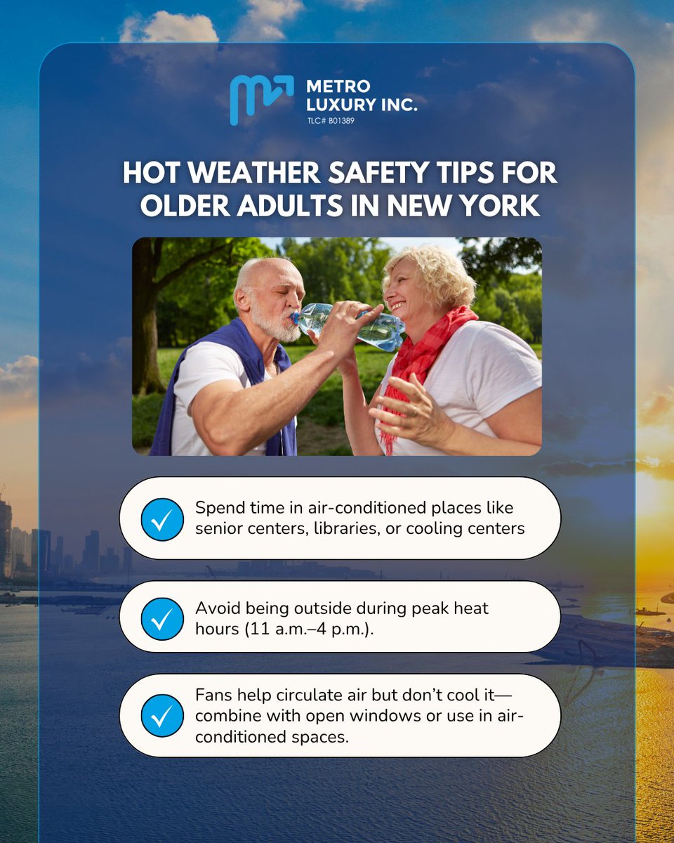 Hot weather can be especially challenging for older adults in New York City.

Don’t forget to check on elderly family members and neighbors to ensure they’re comfortable and cared for.

#SeniorSafety #StayCool #NYCSummer #HeatSafety #CommunityCare #MetroLuxuryCares