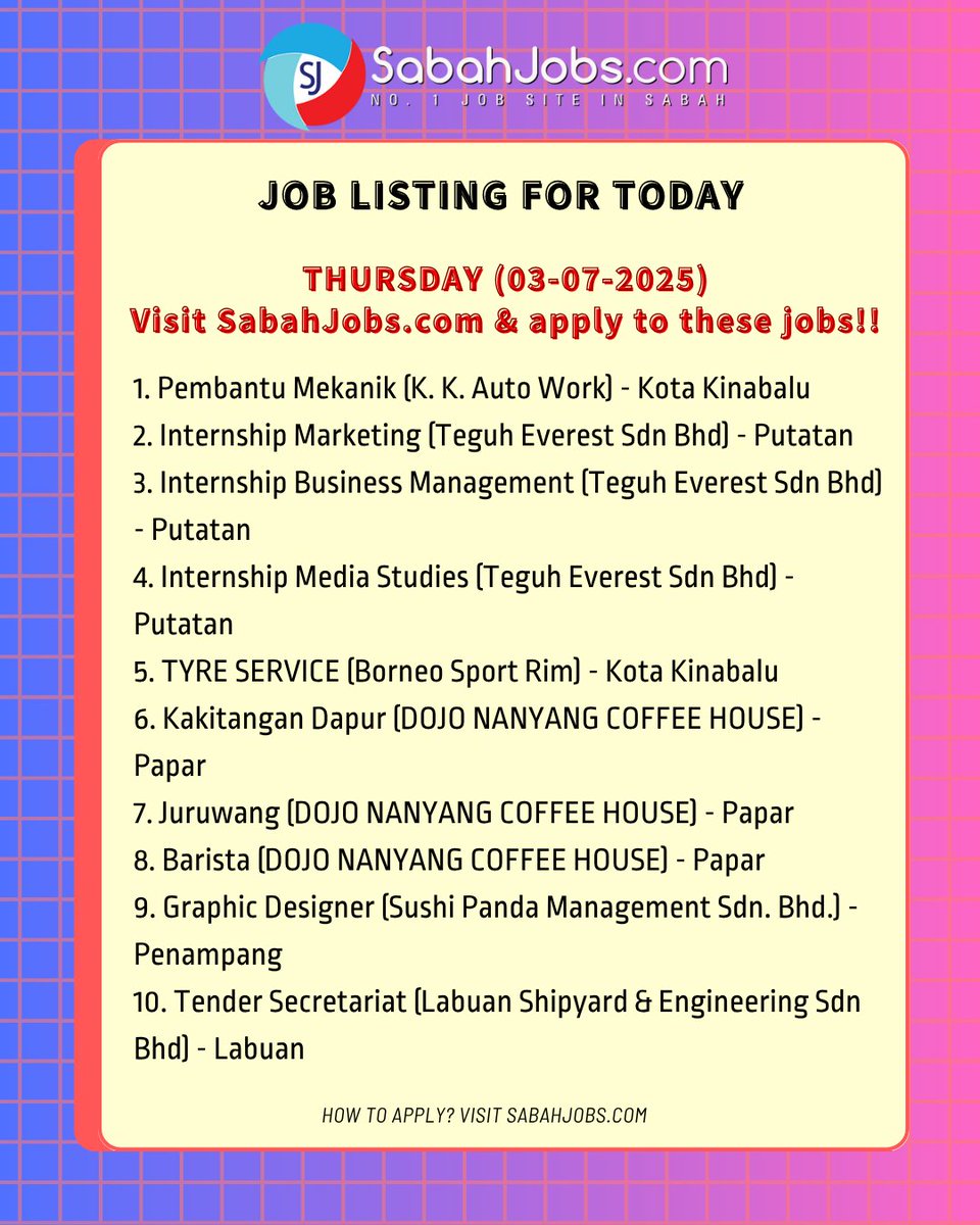 Thursday (03-07-2025) Latest Jobs in Sabah Today

APPLY ALL LATEST JOBS AT SabahJobs.com