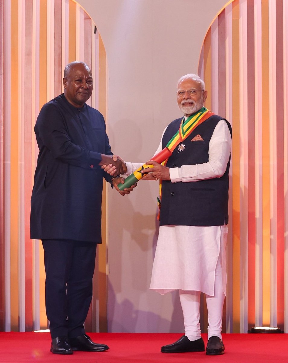 Jagat Prakash Nadda (@jpnadda) on Twitter photo My heartfelt congratulations to Hon. Prime Minister Shri <a href="/narendramodi/">Narendra Modi</a> ji on being conferred with Ghana’s highest national honour, 'The Officer of the Order of the Star of Ghana.'
This prestigious recognition acknowledges PM Modi Ji’s exemplary global leadership and his My heartfelt congratulations to Hon. Prime Minister Shri <a href="/narendramodi/">Narendra Modi</a> ji on being conferred with Ghana’s highest national honour, 'The Officer of the Order of the Star of Ghana.'
This prestigious recognition acknowledges PM Modi Ji’s exemplary global leadership and his