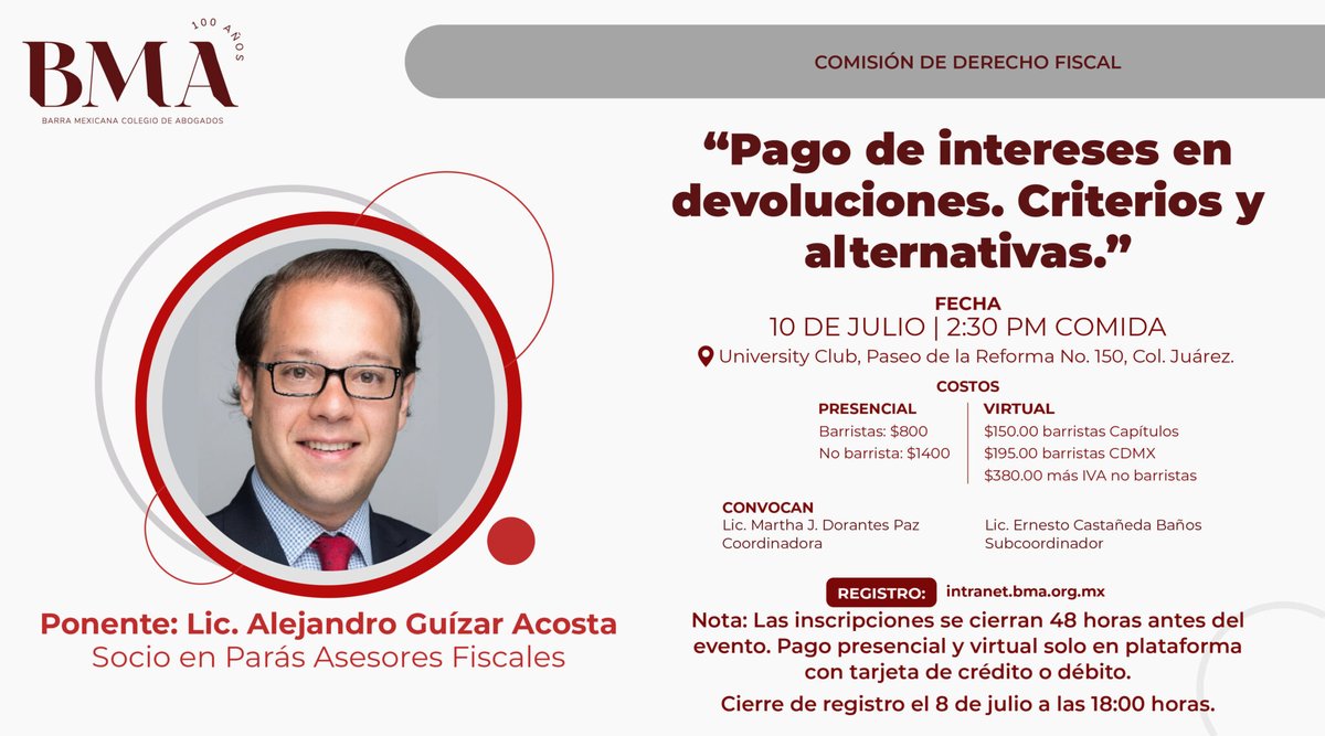 🔴 ¡Prepárate para una semana llena de conocimiento jurídico y análisis de alto nivel en el University Club!
La BMA te invita a participar en estos destacados eventos académicos organizados por sus comisiones.
📅 8 al 10 de julio | Modalidad presencial y virtual
📍 Paseo de la