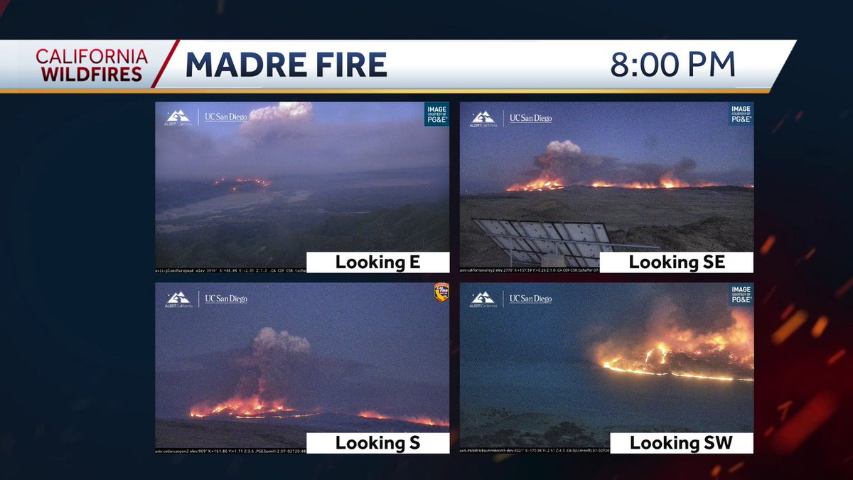 The Madre Fire started this afternoon in SLO County and has grown explosively since. As of 6:00 pm Wednesday, the fire had burned 9,600 acres. These images are screen shots from cameras around 8:00 pm Wednesday.