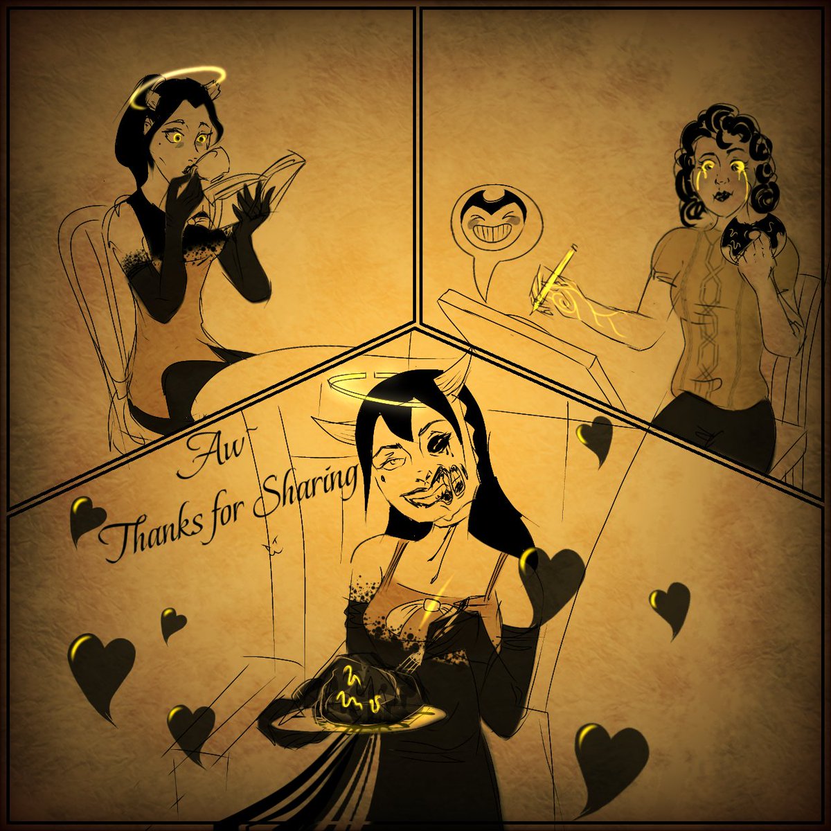 "Angels' Morning Meal"
#BENDY #BATIM #BATDR #AliceAngel #TwistedAlice Twisted Alice Angel #SusieCampbell Susie Campbell #AllisonAngel #AllisonPendle #AllisonConnor Allison Pendle Connor
Audrey Drew #AudreyDrew