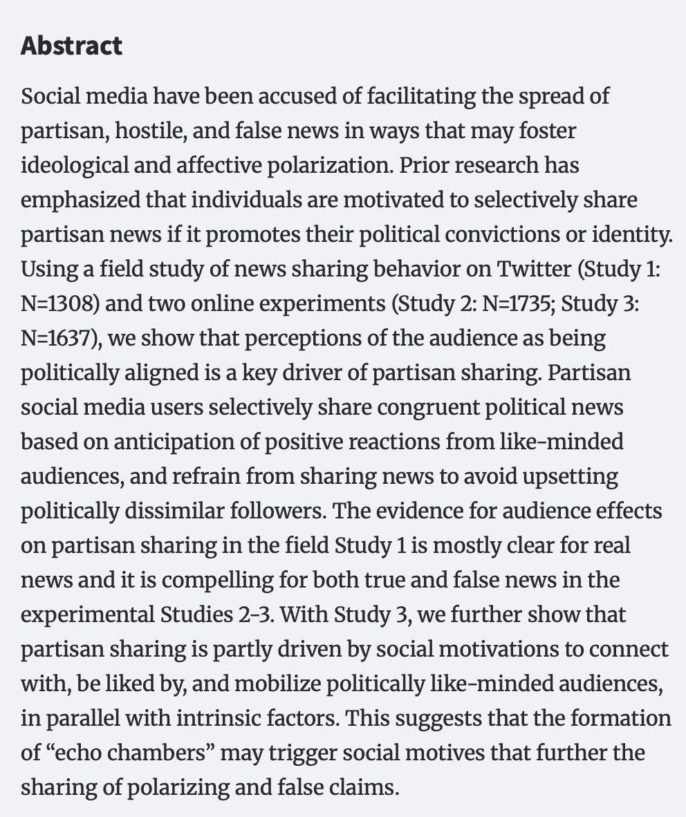 Antoine Marie (@a_marie_sci) on Twitter photo 🔥New paper in <a href="/PNASNexus/">PNAS Nexus</a> with <a href="/M_B_Petersen/">Michael Bang Petersen</a>
"Motivations to connect with like-minded audiences increase partisan sharing on social media"
academic.oup.com/pnasnexus/arti… 🔥New paper in <a href="/PNASNexus/">PNAS Nexus</a> with <a href="/M_B_Petersen/">Michael Bang Petersen</a>
"Motivations to connect with like-minded audiences increase partisan sharing on social media"
academic.oup.com/pnasnexus/arti…