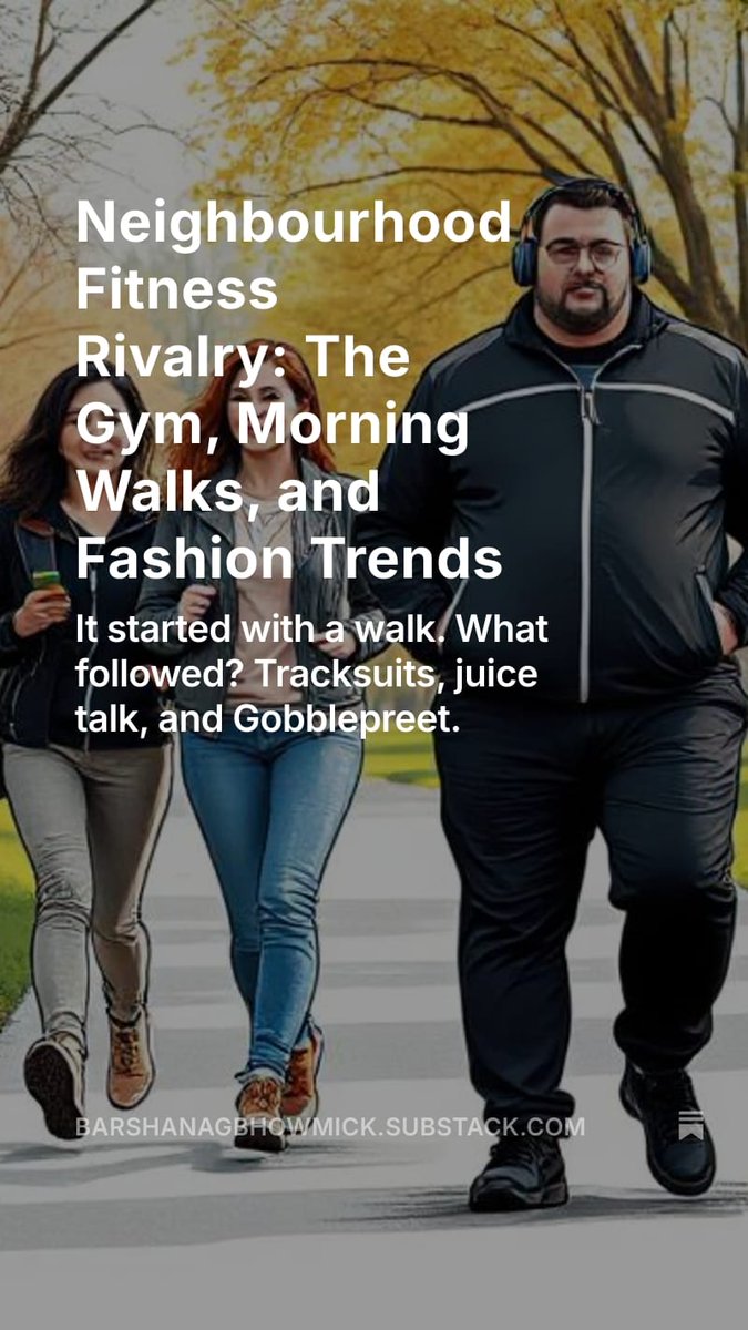 barshanag's tweet image. Tracksuits, cucumber juice &amp;amp; headphone swag, fitness is serious business in my neighbourhood 😄 I don’t gym or walk daily, but I sure enjoy the drama! @barshanag
@SubstackInc New Substack drop👇barshanagbhowmick.substack.com/p/neighbourhoo…
 #MorningWalks  #SubstackIndia #ItsRainingThoughts