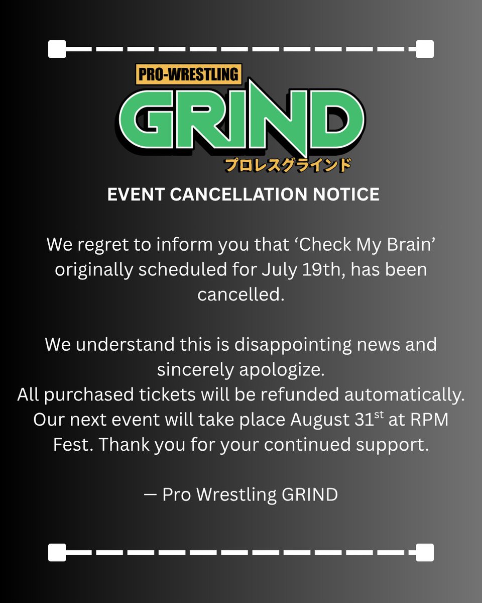 GRINDpuro's tweet image. Attention:

July 19th has been canceled.

We will see you at RPM Fest on August 31st. And we will return to the Pulaski Club on September 20th.