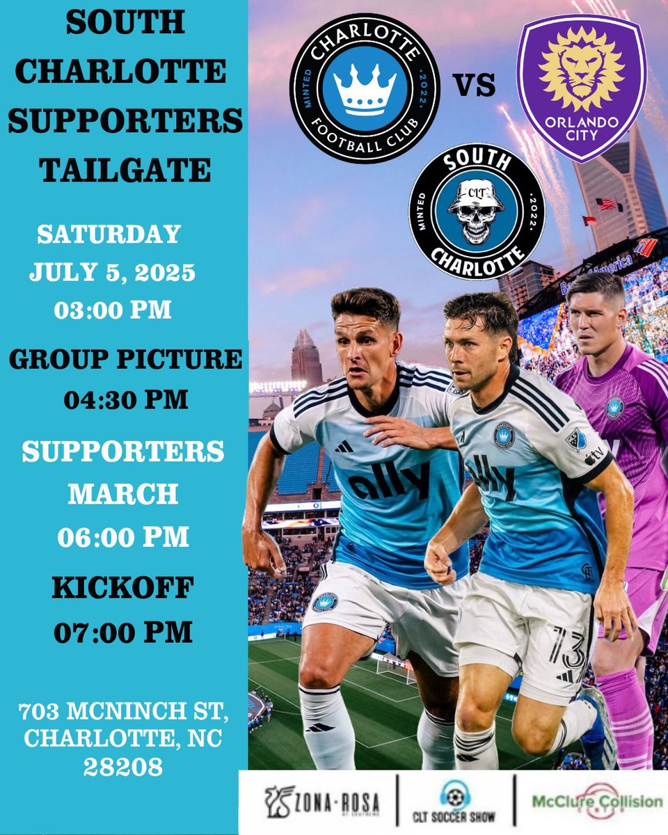 🔥🎉 South Charlotte Supporters Tailgate – Matchday Vibes! 🎉🔥

Join us THIS SATURDAY, July 5th, as we bring the energy for Charlotte FC’s clash against Orlando City! 💙 Let’s turn McNinch Street into a sea of blue and black and show the Queen City how South Charlotte rolls! 👑