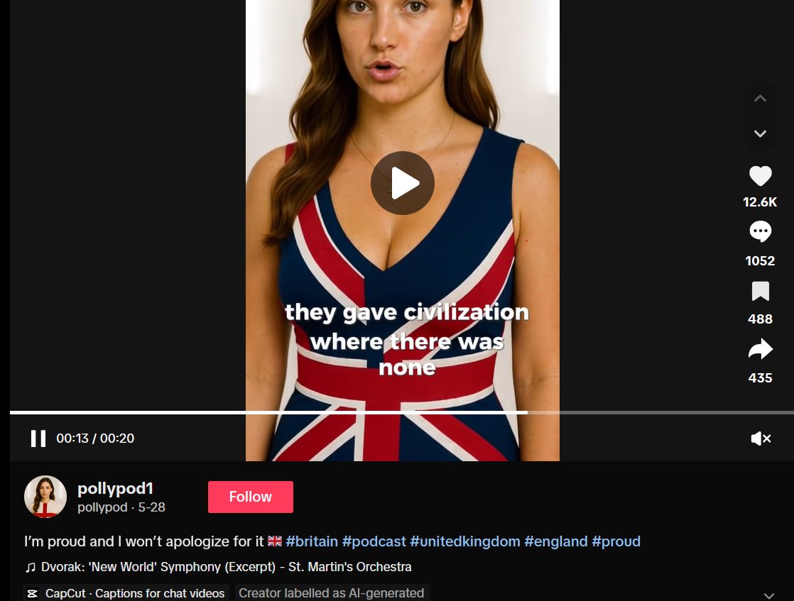 This young lady who says she's "proud to be British, proud of the Empire" is not real.

She's an AI-generated, fictional character created by a TikTok user. The TikTik account clearly labels all the videos featuring her as AI-generated.
