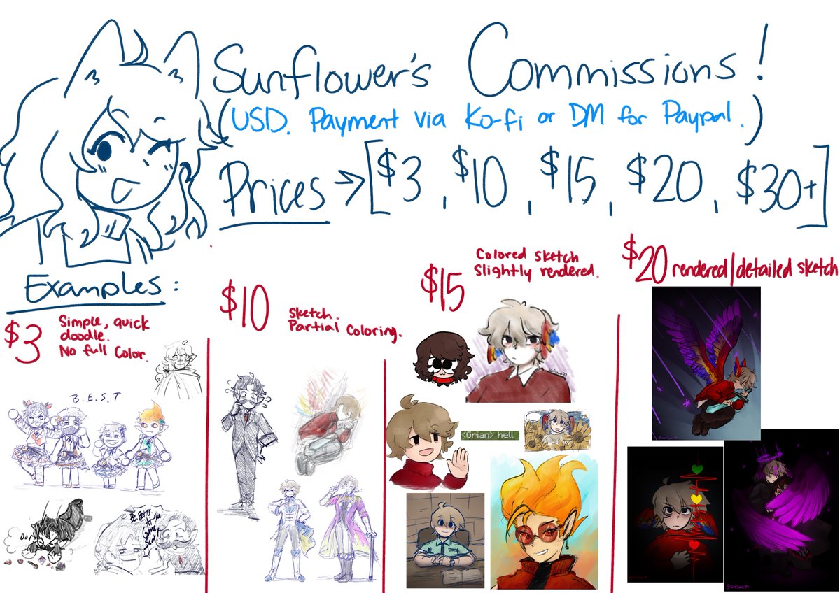 sunflower39__'s tweet image. I don&apos;t talk about it much but um consider a commission! I have a kofi or you can message me directly! you basically just name your price and I&apos;ll give you your moneys worth! Majority of them are finished within 1-3 days maybe a few more if it&apos;s a really big one. 🔗 below!