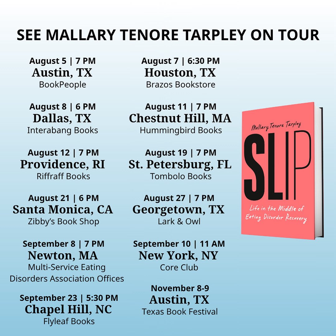 I hope you’ll join me on my book tour for my forthcoming memoir SLIP! #memoir #eatingdisorderrecovery #eatingdisorderawareness 

You can find more details, and RSVP pages, here: open.substack.com/pub/mallary/p/…