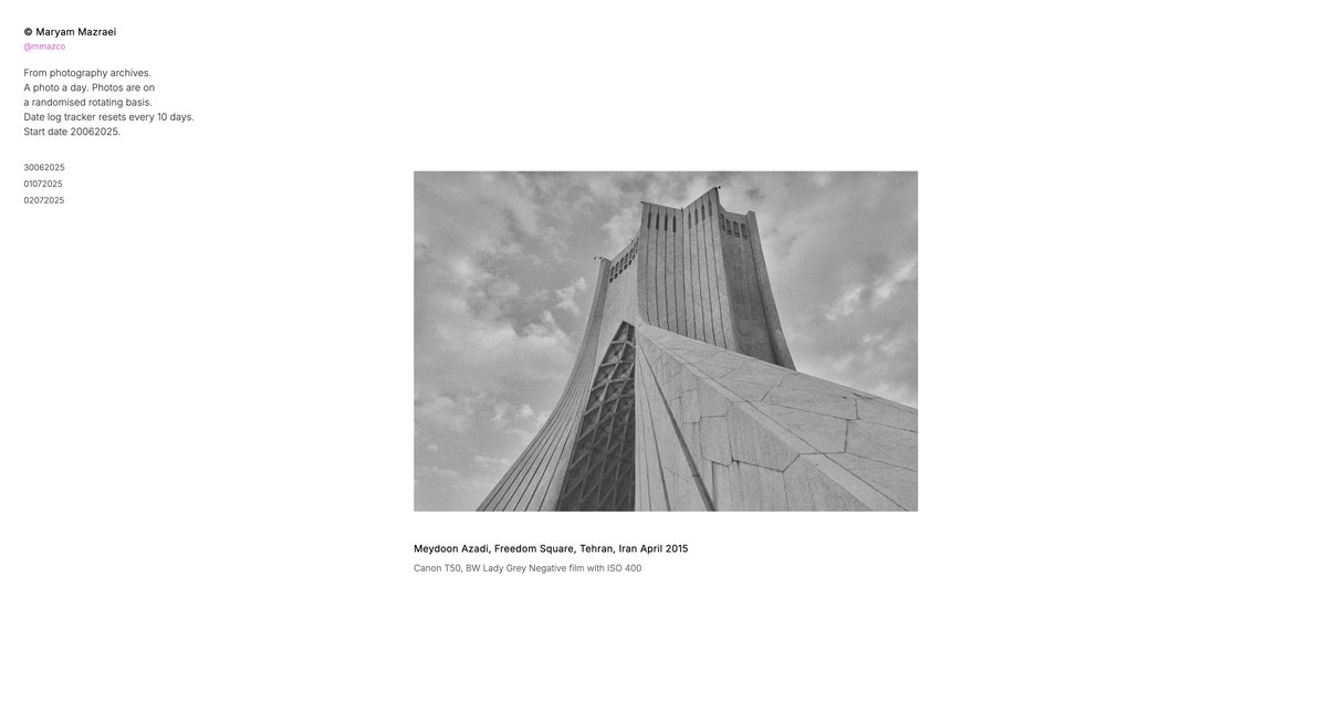 photo log 02072025

one of my most proud shots of the Azadi Tower (farsi: برج آزادی, Borj-e Āzādi; "Freedom Tower") in Tehran 

built in 1971 to mark the 2,500-year celebration of the Persian Empire

by Iranian-Canadian architect Hossein Amanat 

mmaz.co