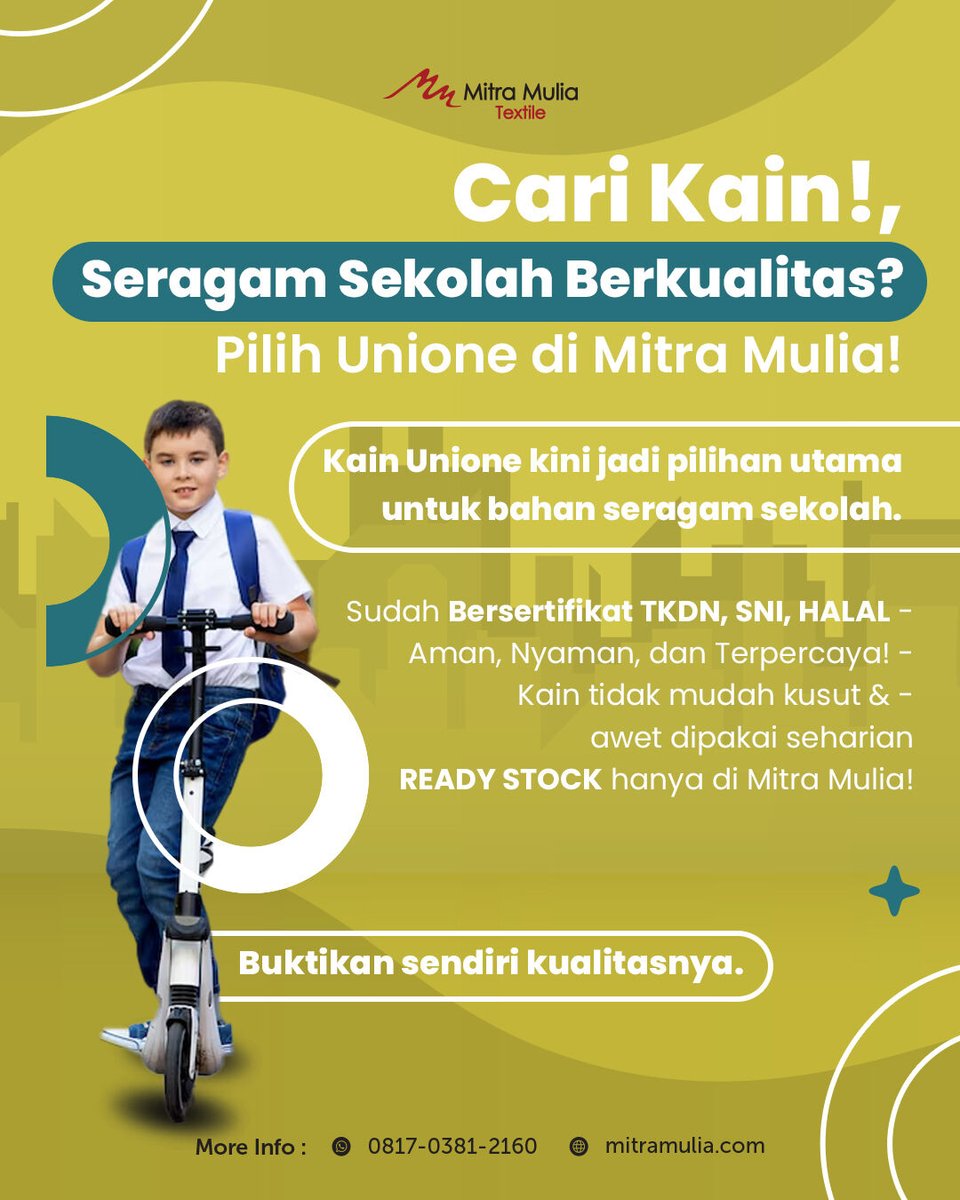 MitraMulia2's tweet photo. KENAPA SERAGAM PAKE KAIN UNIONE?
✨ Nyaman seharian
✨ Anti kusut
✨ Sertifikasi resmi (TKDN/SNI/HALAL)
✅ Stok siap kirim!
👉 https://t.co/IiipAbp21k | 0817-0381-2160

 #UnioneDrill #AmericanDrill #JapanDrill https://t.co/t5hAYy7trx
