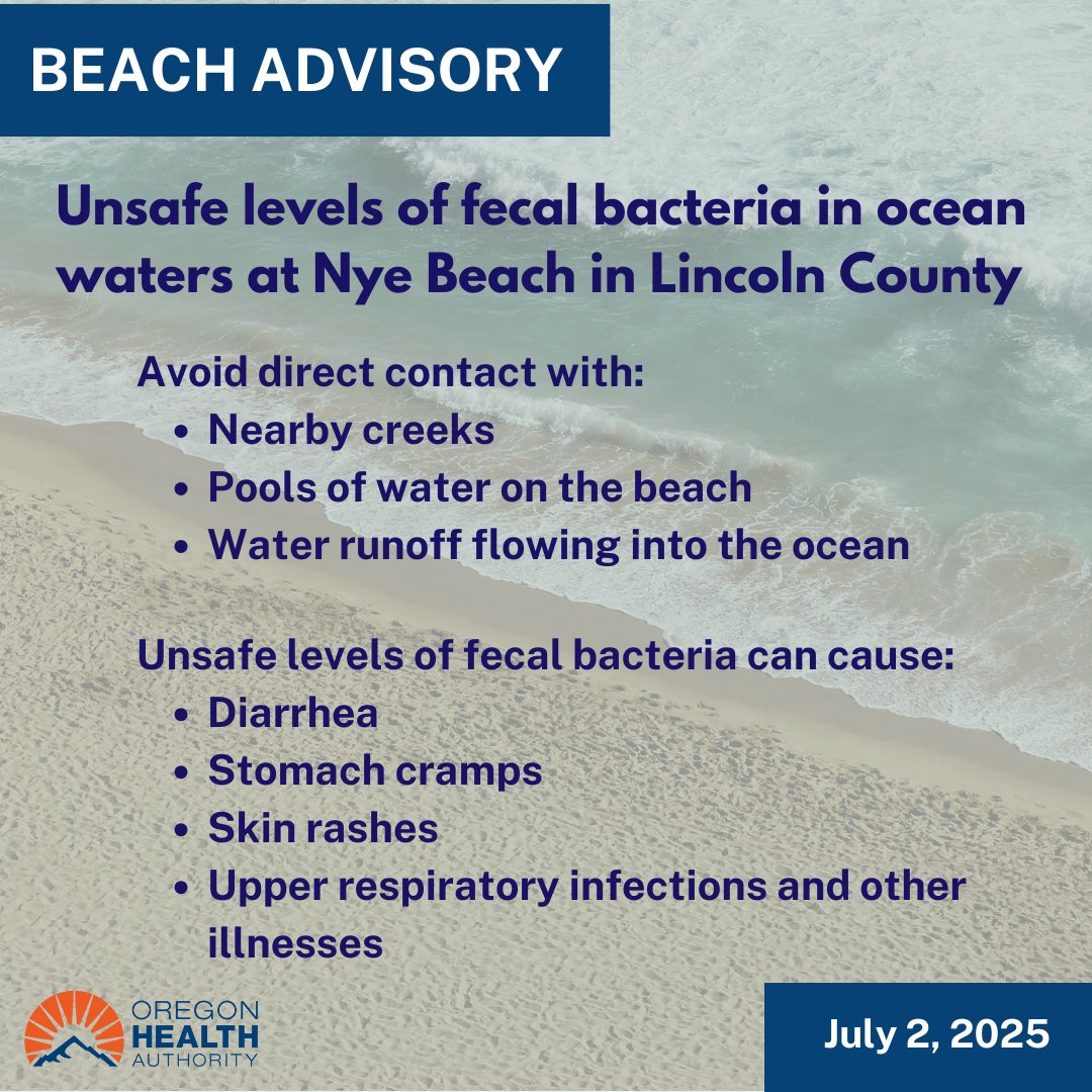 OHA is issuing a public health advisory today for unsafe levels of fecal bacteria in ocean waters at Nye Beach in Lincoln County. People should avoid direct contact with the water in this area until the advisory is lifted. Read our news release: ow.ly/n7AE50Wk6oi