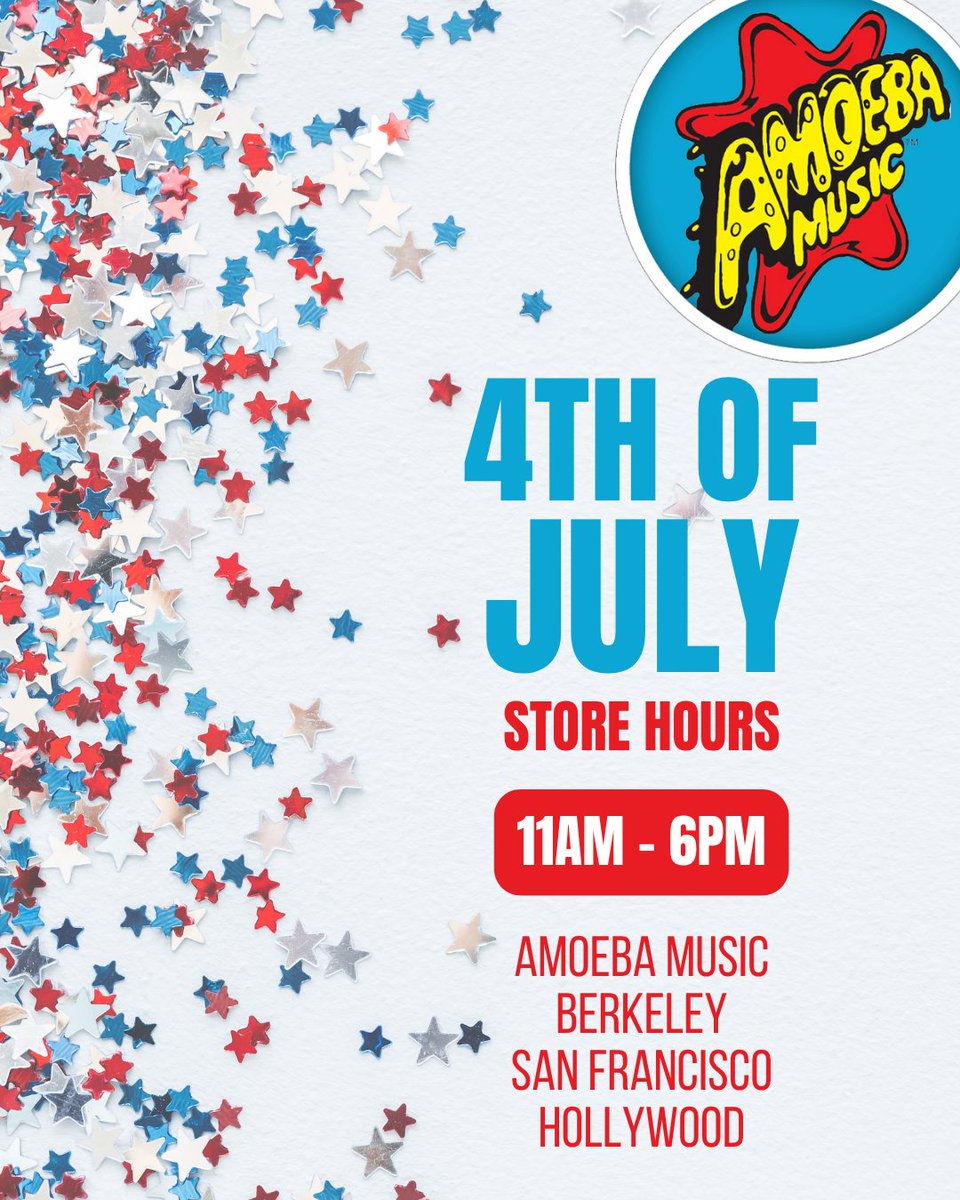 Our stores have shortened hours on Friday, July 4th for the holiday: @amoebaberkeley, @amoebasf, and Amoeba Hollywood will be open 11AM - 6PM. 🎆

[The buy counters at Berkeley and SF will also close at 6pm, but the Hollywood trade counter will close at 5:30pm.]