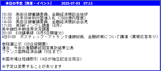 本日（7/3）の発言・イベント ・日銀審議員の発言 ・英インフレ調査