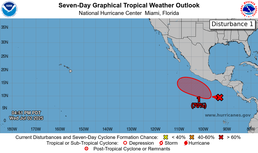 NHC_Pacific's tweet image. A tropical wave is producing disorganized showers and thunderstorms south of the Gulf of Tehuantepec.  This system is expected to organize during the next few days, and a tropical depression is likely to form over the weekend or early next week
