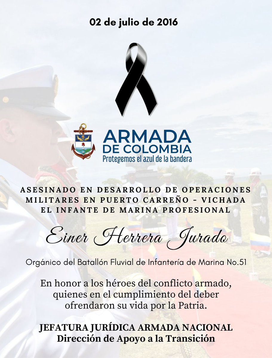 Fuerza Naval de la Orinoquía (@fno_armadacol) on Twitter photo #EnConmemoración | Hoy recordamos con honor a tres héroes de la <a href="/ArmadaColombia/">Armada de Colombia</a> que cayeron en cumplimiento del deber el 2 de julio de 2016, en Bocas Caño Dagua – Casuarito, Vichada.
¡Nunca los olvidaremos!
#NavegandoAlCorazónDeLosColombianos 💙🇨🇴
#SiempreFirmes #EnConmemoración | Hoy recordamos con honor a tres héroes de la <a href="/ArmadaColombia/">Armada de Colombia</a> que cayeron en cumplimiento del deber el 2 de julio de 2016, en Bocas Caño Dagua – Casuarito, Vichada.
¡Nunca los olvidaremos!
#NavegandoAlCorazónDeLosColombianos 💙🇨🇴
#SiempreFirmes