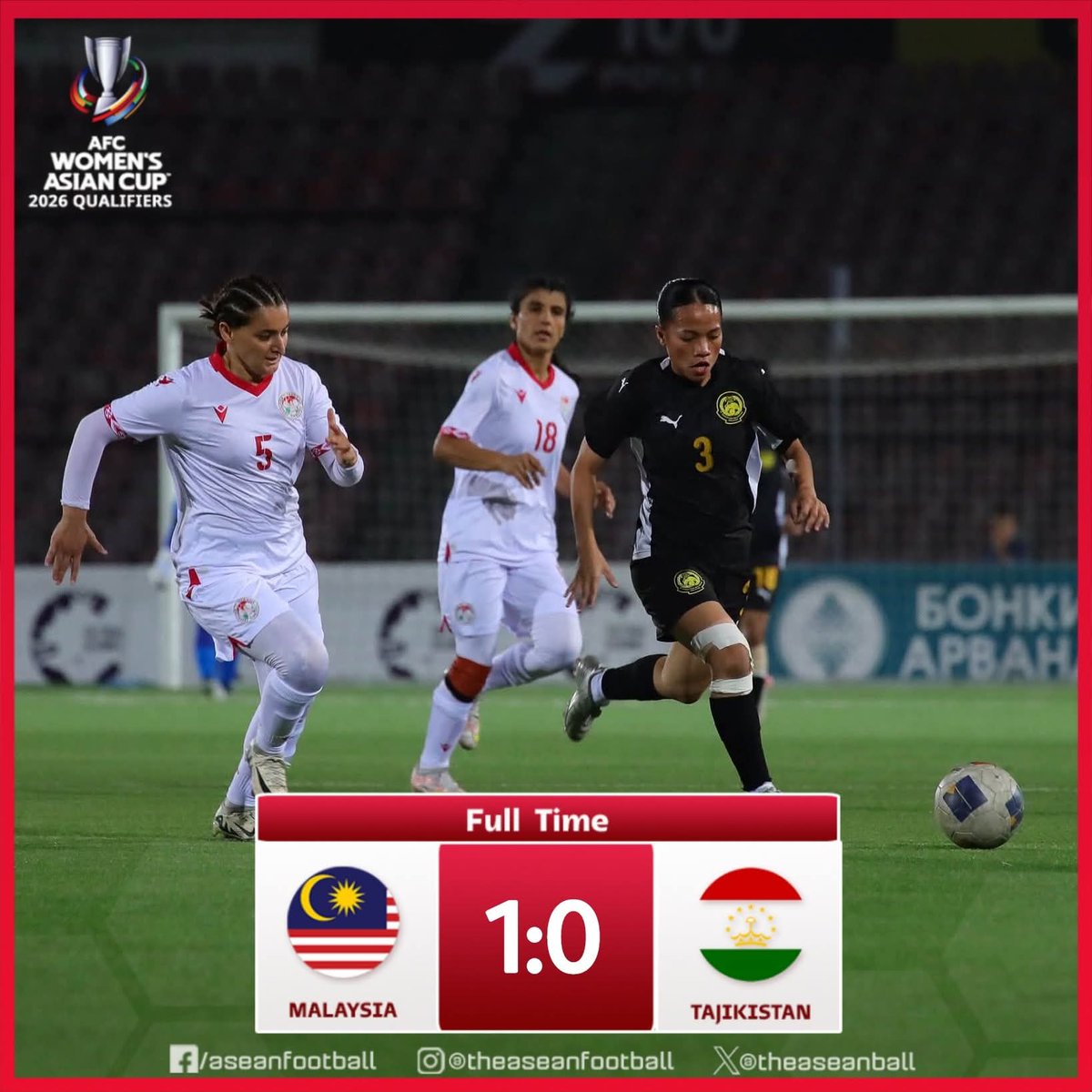 ✨ AFC WOMEN'S ASIAN CUP 2026 QUALIFIERS

FT: Malaysia 🇲🇾 1⃣ - 0⃣ 🇹🇯 Tajikistan 

#AFC #WAC2026