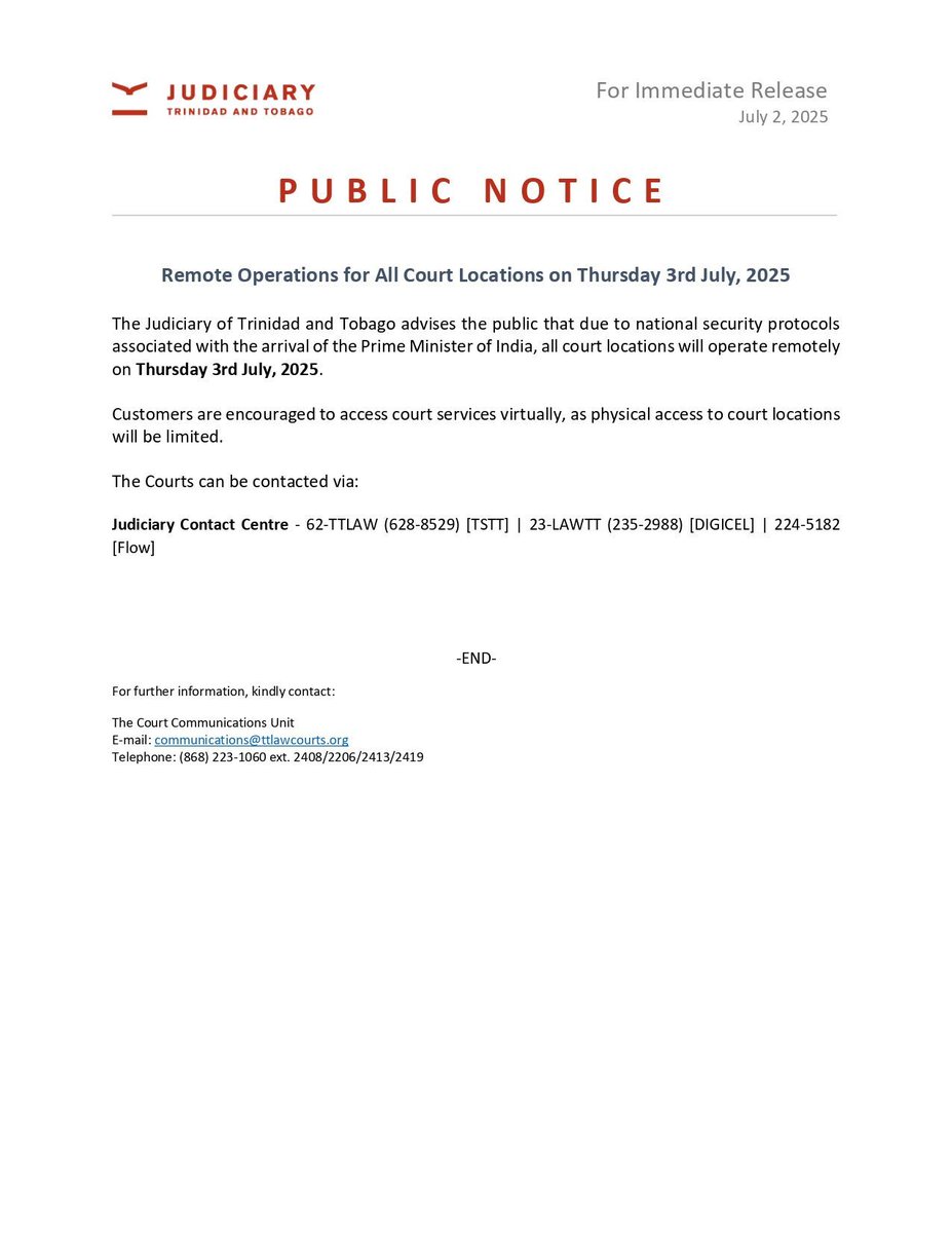 TTJudiciary's tweet image. Public Notice - Remote Operations on Thursday 3rd July, 2025
#JudiciaryTT