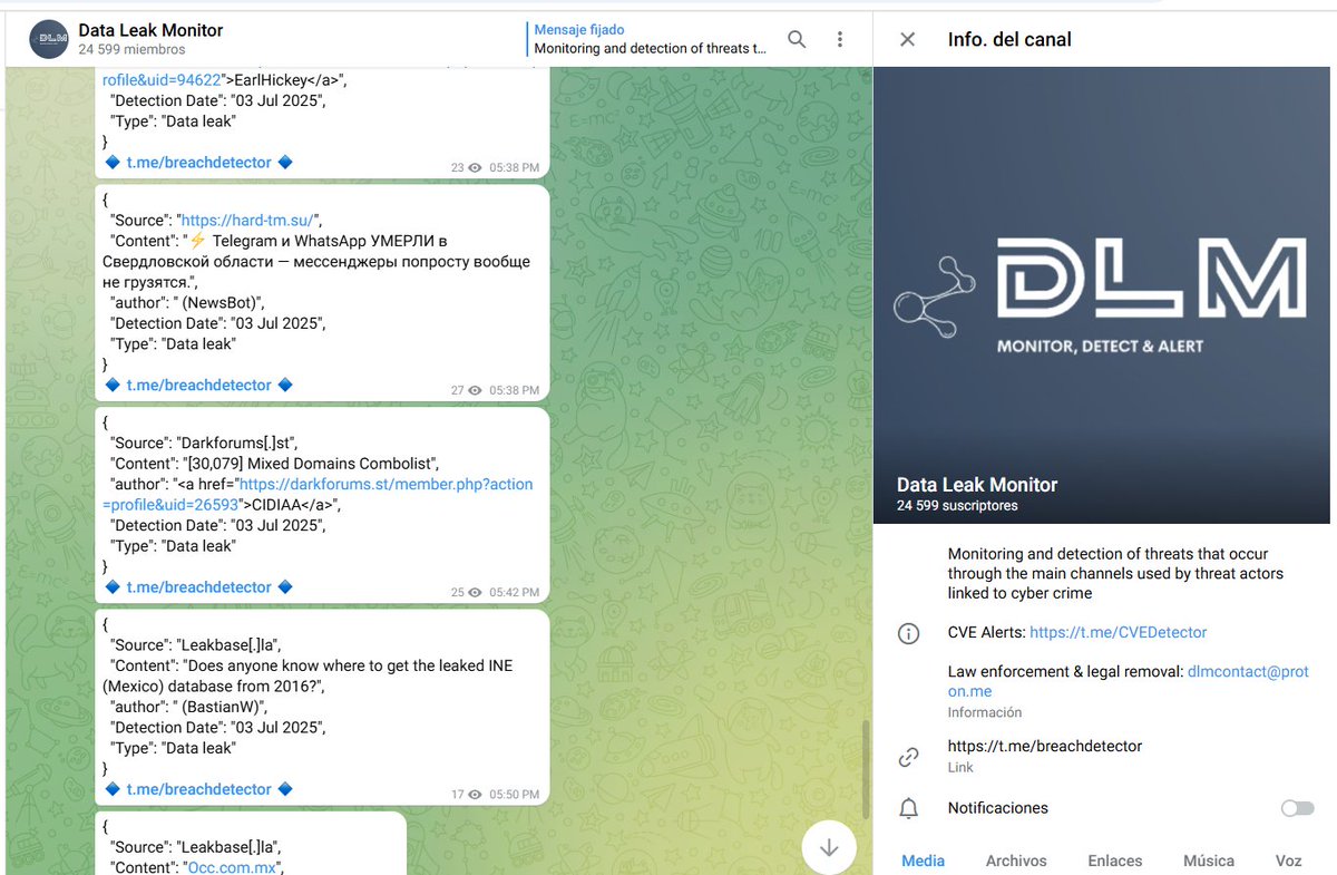 ivancastl's tweet image. Recomiendo dos canales de Telegram de DLM Monitor.
Uno recopila datos de foros de la deep web en formato JSON. El otro monitorea vulnerabilidades CVE desde diversas fuentes.
Ambos son recursos clave para investigaciones de ciberseguridad e inteligencia de fuentes abiertas.
CVE…