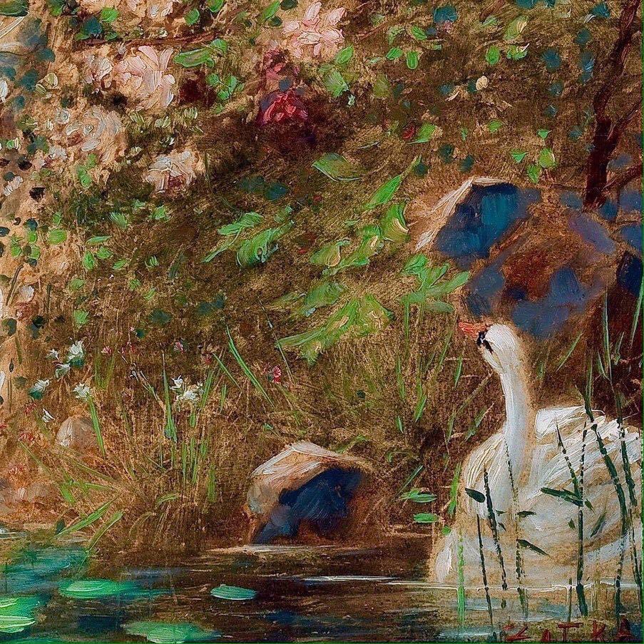 “two fairies embracing in a landscape with a swan" by Hans Zatzka