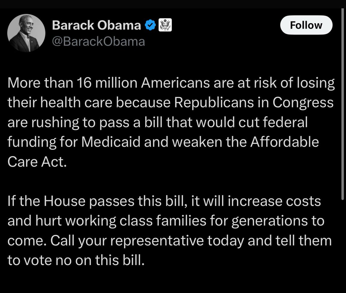 When Obama is speaking out, you know it’s bad.

The man built the ACA from scratch while under siege, so when he re-enters the battlefield, it means the bombs are already falling.

Republicans are trying to rip health care from 16 million Americans in broad daylight.

This is