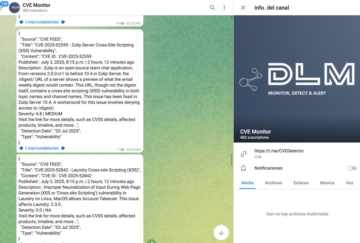ivancastl's tweet image. Recomiendo dos canales de Telegram de DLM Monitor.
Uno recopila datos de foros de la deep web en formato JSON. El otro monitorea vulnerabilidades CVE desde diversas fuentes.
Ambos son recursos clave para investigaciones de ciberseguridad e inteligencia de fuentes abiertas.
CVE…