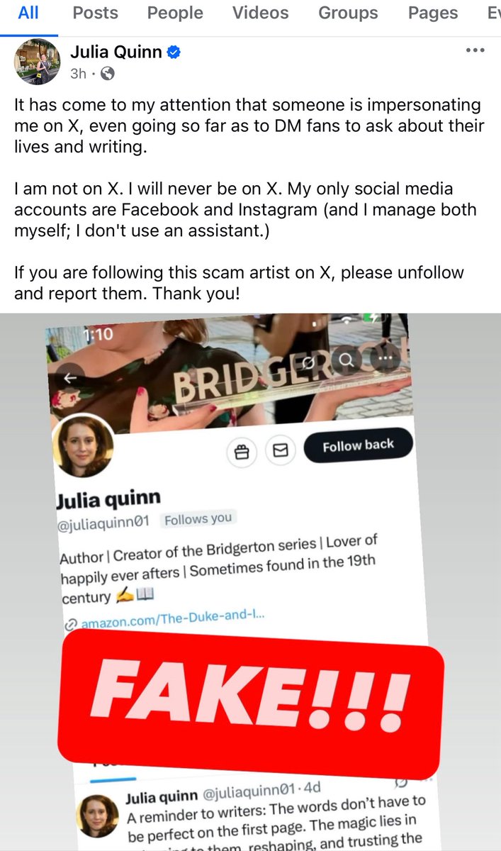 Attention Book friends, if you’re a fan of Julia Quinn and follow this account on X, please Immediately Unfollow!
This is Not the author and in no way represents her, per the real author, Julia Quinn