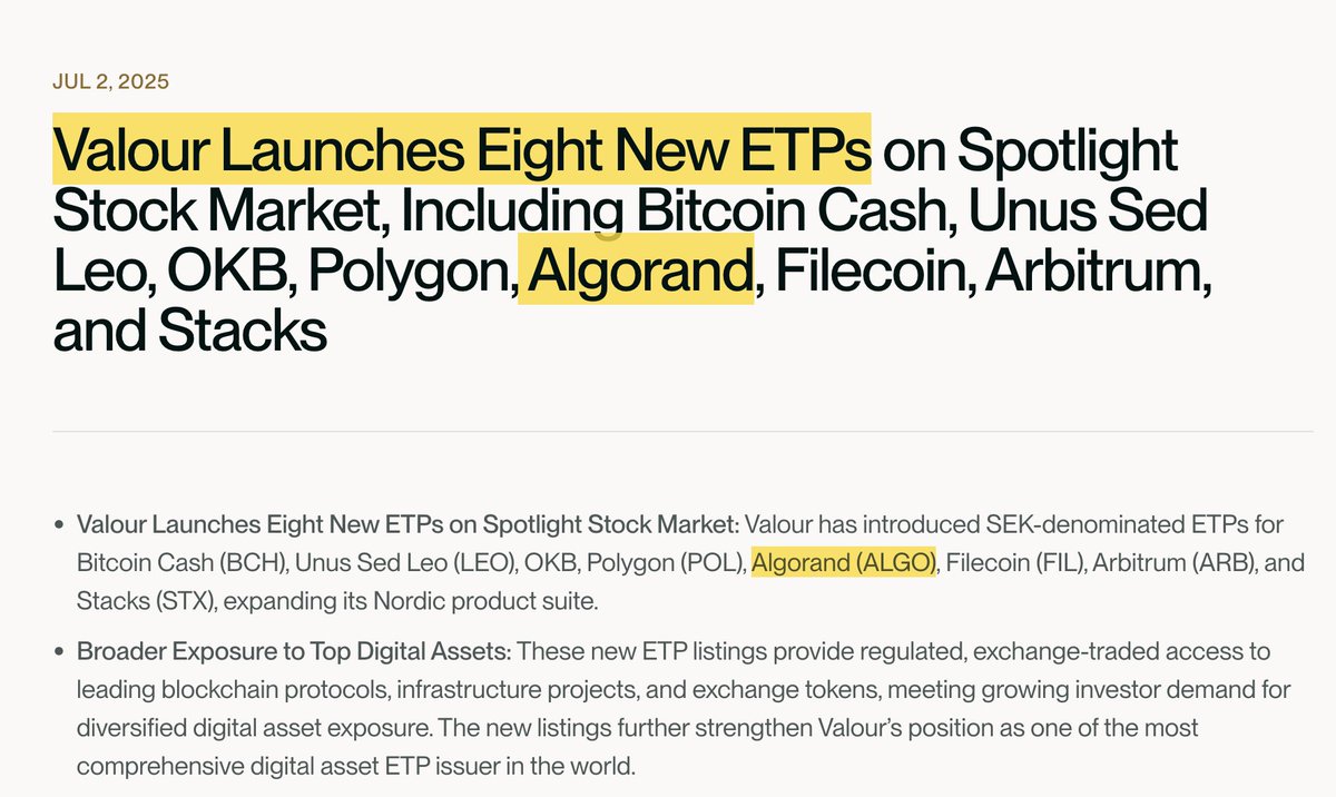 🚨 NEW ETP $ALGO!

<a href="/ValourFunds/">Valour</a>, with over $900M in total assets under management, launches a new SEK-denominated Algorand ETP on Sweden's <a href="/__Spotlight___/">Spotlight Stock Market</a> Stock Market! 🇸🇪🔥