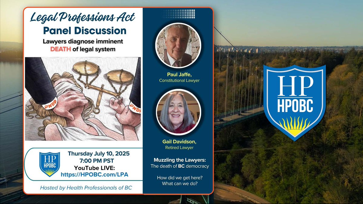 TotalHealthMag's tweet photo. Join us July 10th at 7PM PST for our legal round table as host Corinne Mori interviews constitutional lawyer Paul Jaffe and retired lawyer Gail Davidson. The topic is the imminent death of the legal system in British Columbia. https://t.co/FVlhWLWsUc