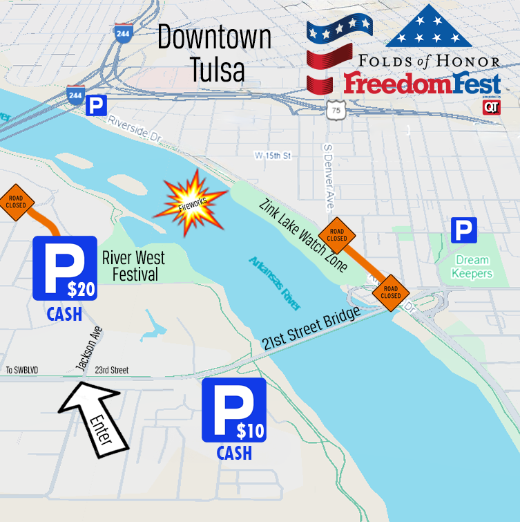 4th of July Parking Options. Visit freedomfest tulsa dot com for all the details, event schedule and more!