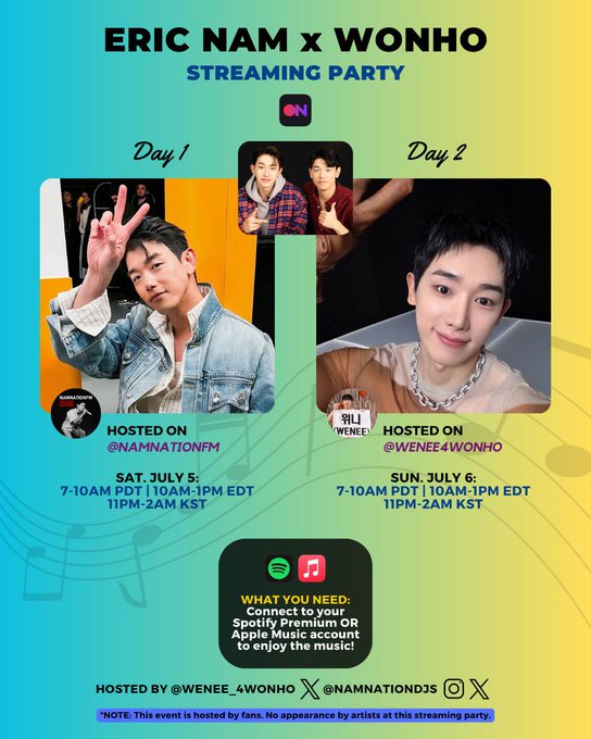 ⏰💙 Upcoming collab announcement💙⏰
This weekend we have a killer collab with <a href="/namnationdjs/">Nam Nation DJs</a> 
Join as we mix hits from #Wonho &amp; #EricNam

Sat 7/5 7-10am PT // 11pm -2am KST  @ namnationfm

Sun 7/6 same time @  wenee4wonho

 #BetterThanMe <a href="/ericnamofficial/">Eric Nam (에릭남)</a> 
<a href="/official__wonho/">WONHO Official</a>