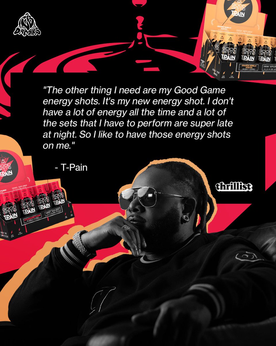 NappyBoyDranks's tweet image. “I don’t have a lot of energy all the time and a lot of the sets I have to perform are super late at night. So I like to have my Good Game energy shots on me.” — @TPAIN
Late nights, big ideas, bigger shows — Good Game keeps T-Pain on point when it counts.
