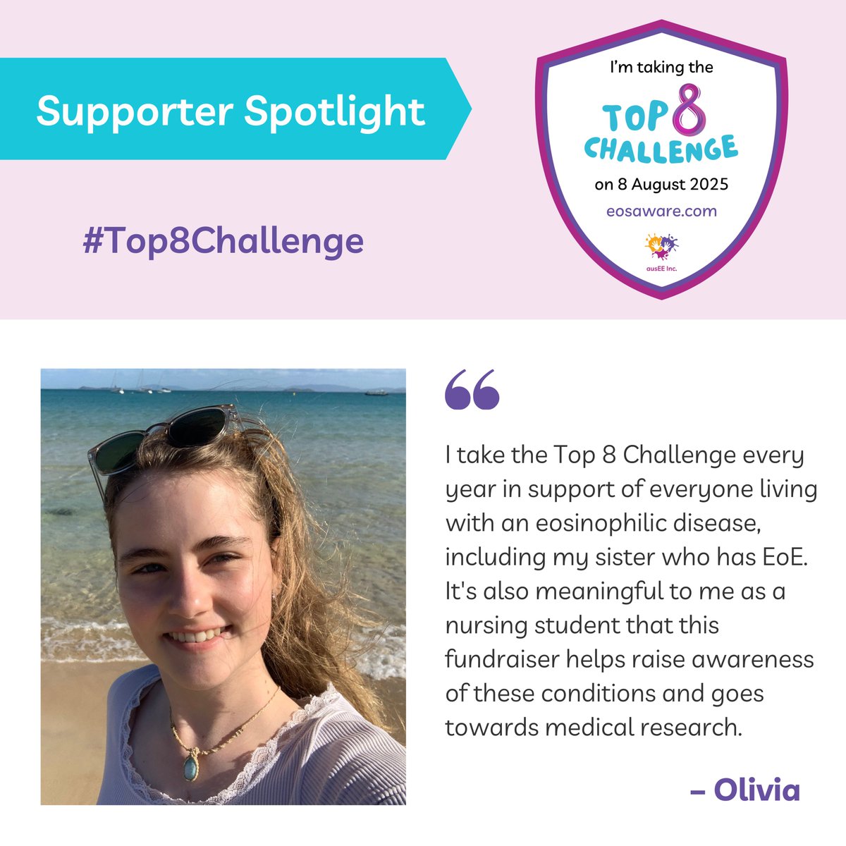 Supporter Spotlight 💜
Every year, Olivia takes on our #Top8Challenge — she shares her why...

Join Olivia and take the challenge — or support the cause with a donation at top8challenge.com.

Who’s your why?
#SupporterSpotlight #EOSaware