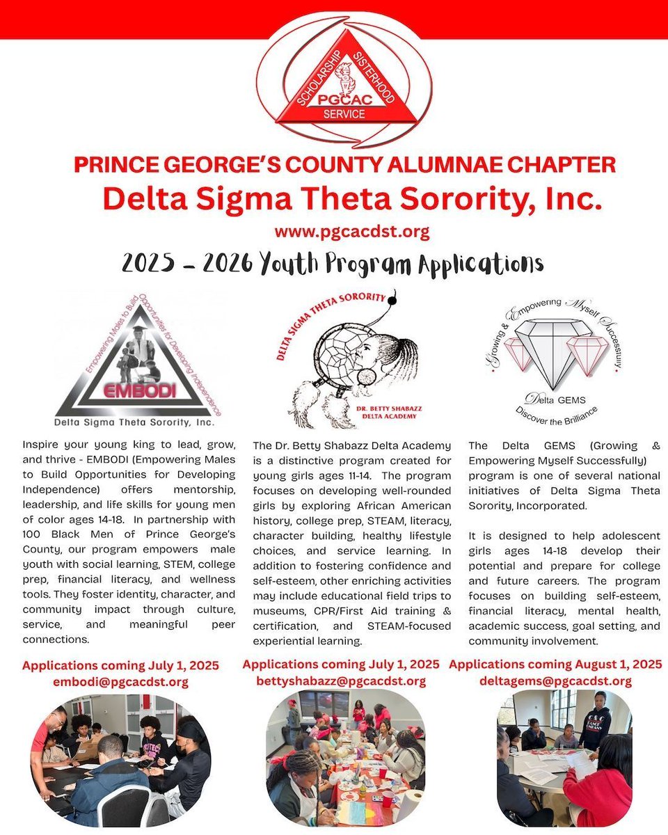 🔴 PGCAC Youth Program Applications Are NOW OPEN!
Join one of our dynamic, FREE youth leadership programs!

🔺 Delta Academy – Empowering young women ages 11 - 14 buff.ly/ln3oAGq 
🔺 EMBODI – Inspiring young men ages 14 - 18 buff.ly/5DeV1wt