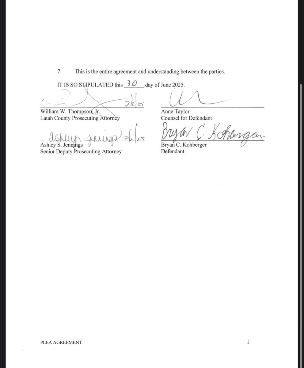 rise4thespiral's tweet image. And here is the #PleaAgreement between the state of #Idaho and #BryanKohberger
- Enter #guilty pleas to all 5 counts
- Sentenced to 10 years for #Burglary
- Fixed consecutive #life sentences for 4 counts of #Murder in the First Degree
- The ability for the state to seek…