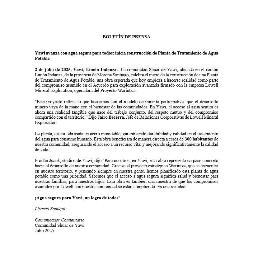 Les compartimos el boletín sobre la colocación de la primera piedra para la construcción de la planta de tratamiento de agua potable en la comunidad Yawi.

#WarintsyYawi #SomosFuturo #TierraDePaz