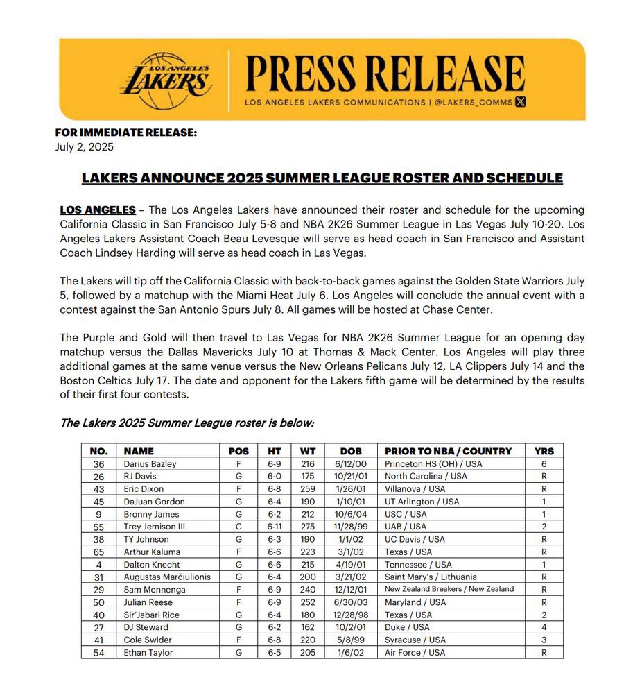 ECreates88's tweet photo. Lakers announce their summer league roster. Below is also their full schedule for the California Classic and NBA 2K26 Summer League. https://t.co/CvbPZCKIgK