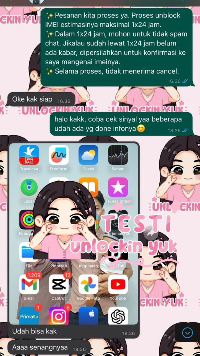 JASA UNLOCK UNBLOCK IMEI ALL OPERATOR &amp; ALL TYPE PHONE UNBLOK IMEI x2222
- Bulanan
- Beacukai

☎️wa.me/6289527931899