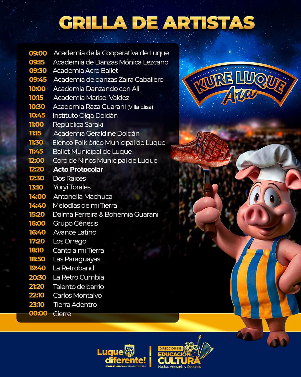 🇺🇦🔥🐷 ¡Te presentamos la grilla oficial del Kure Luque Ára 2025!

📍 Este domingo 06 de julio te esperamos con más de 30 presentaciones ininterrumpidas que harán vibrar el escenario. 

#LuqueDiferente #KureLuqueÁra2025