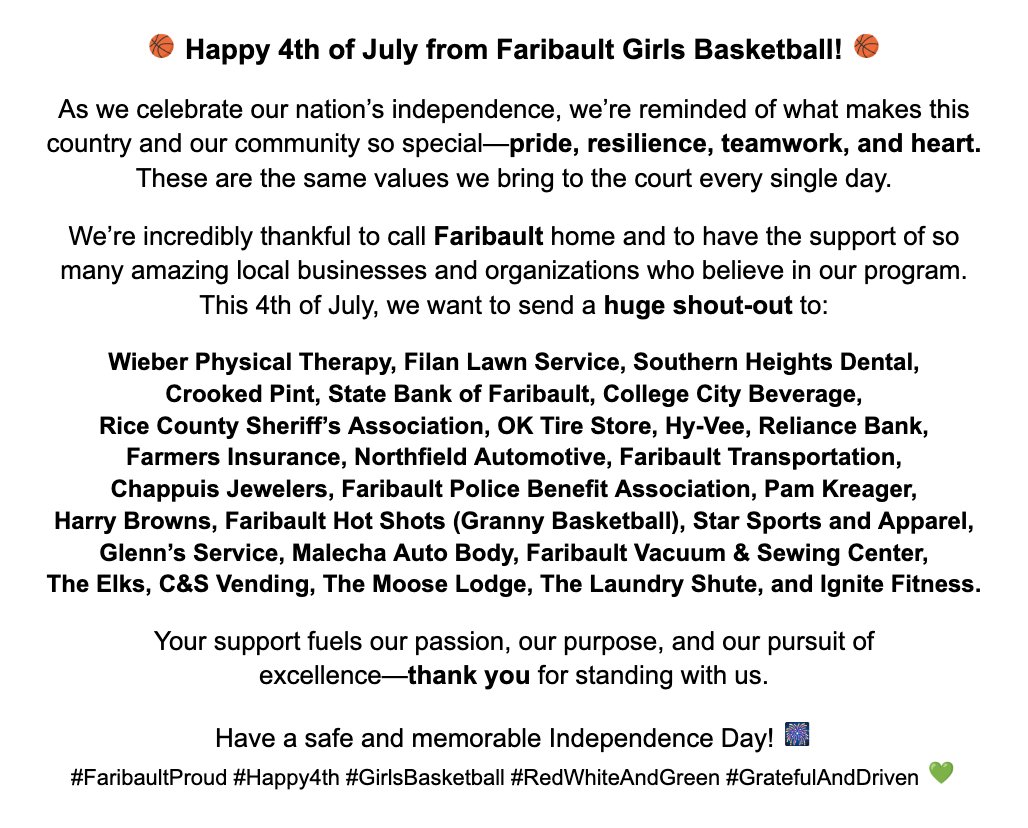 Happy 4th of July from Faribault Girls Basketball!
